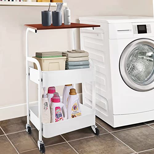 3 Tier Rolling Cart With Wood Tabletop Metal Utility Storage Cart With Wheels Kitchen Cart For Storage Organizer For Office, Classroom, Living Room, White #TOP6