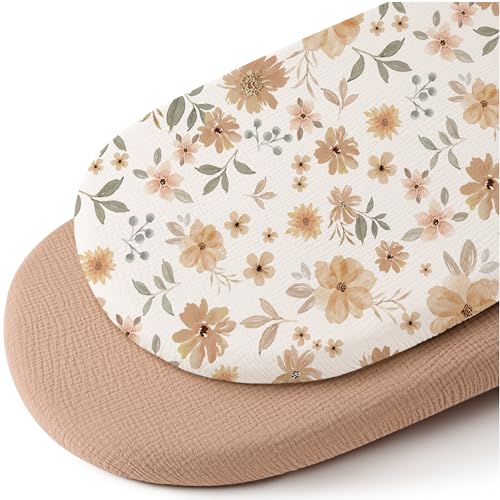 Image of Konssy 2 Pack Muslin Fitted Bassinet Sheets for Baby Girl Boy, Soft Breathable Baby Bassinet Sheets Fit for Baby Bassinets, Cradle, Moses Basket Oval Rectangle Pad/Mattress (Peach,Floral)