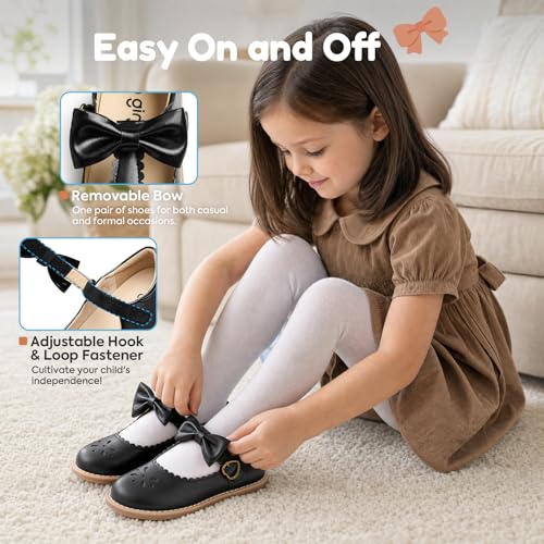 GINNI Toddler Girl Removable Bow Mary Jane Flats Dress Shoes for School Uniform Casual Wear, Ballet Flat for Wedding Birthday Party, Black T-Strap Round Toe Oxfords for Baby Girls/Kids, Size 6T — view 4