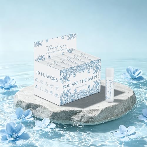 Image of 30 Pcs Blue Flower Wedding Thank You Gifts Moisturizing Lip Balms Bulk for Celebrating with Us Gifts Baby Shower Birthday Party Favors You Are The Balm Beeswax Reception Ideas Giveaways Guests
