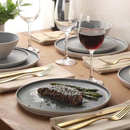 Image of Gibson Elite Coastal Forest Plates and Bowls Sets, 12-Piece Stoneware Dinnerware Sets, Triple Reactive Glaze Dish Set - Grey and Cream White
