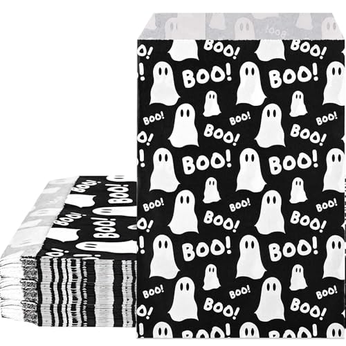 Bolsome 100Pcs Halloween Treat Bags Black White Boo Ghost Paper Goodie Candy Bags Halloween Party Favor Bags for Snacks Cookie Chocolate for Trick or Treat Party Supplies