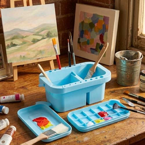Image of SEVENY Paint Brush Cleaner, Holder & Organizer with Palette, Blue | Trays & Rinser Included, For Acrylic Paint, For Watercolor Paints, For Water-Based Paints
