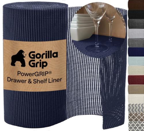 GORILLA GRIP powerGRIP Drawer Shelf and Cabinet Liner, Thick Strong Hold, Non-Adhesive Liners Protect Kitchen Cabinets and Cupboard, Bathroom Drawers, Easy Install, Breathable Mat, 12" x20', Navy Blue