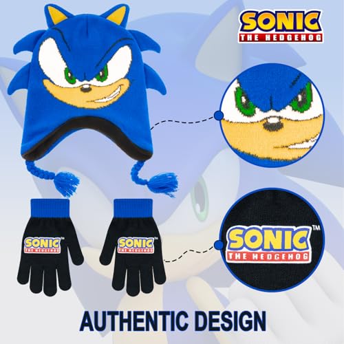 Image of Sonic The Hedgehog Winter Hat and Gloves Set - Blue Sonic Hat for Boys Ages 5-13 - Winter Hat with Scarf and Glove Set