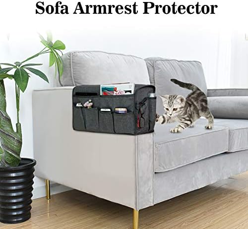 Joywell Anti-Slip Armrest Covers with 8 Pockets for Sofa Couch, Armchair Caddy & Organiser for Remote Control, Phone, iPad, Super Durable Recliner Arm Protector for Dog, Cat, Pets, Set of 1, Grey