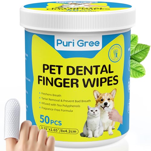 Teeth Cleaning Wipes for Dogs & Cats, Dog Dental Care Finger Wipes, PURIGREE Dog Tooth Brushing Kit, Reduces Plaque,Disposable Dog Wipes-50 Count
