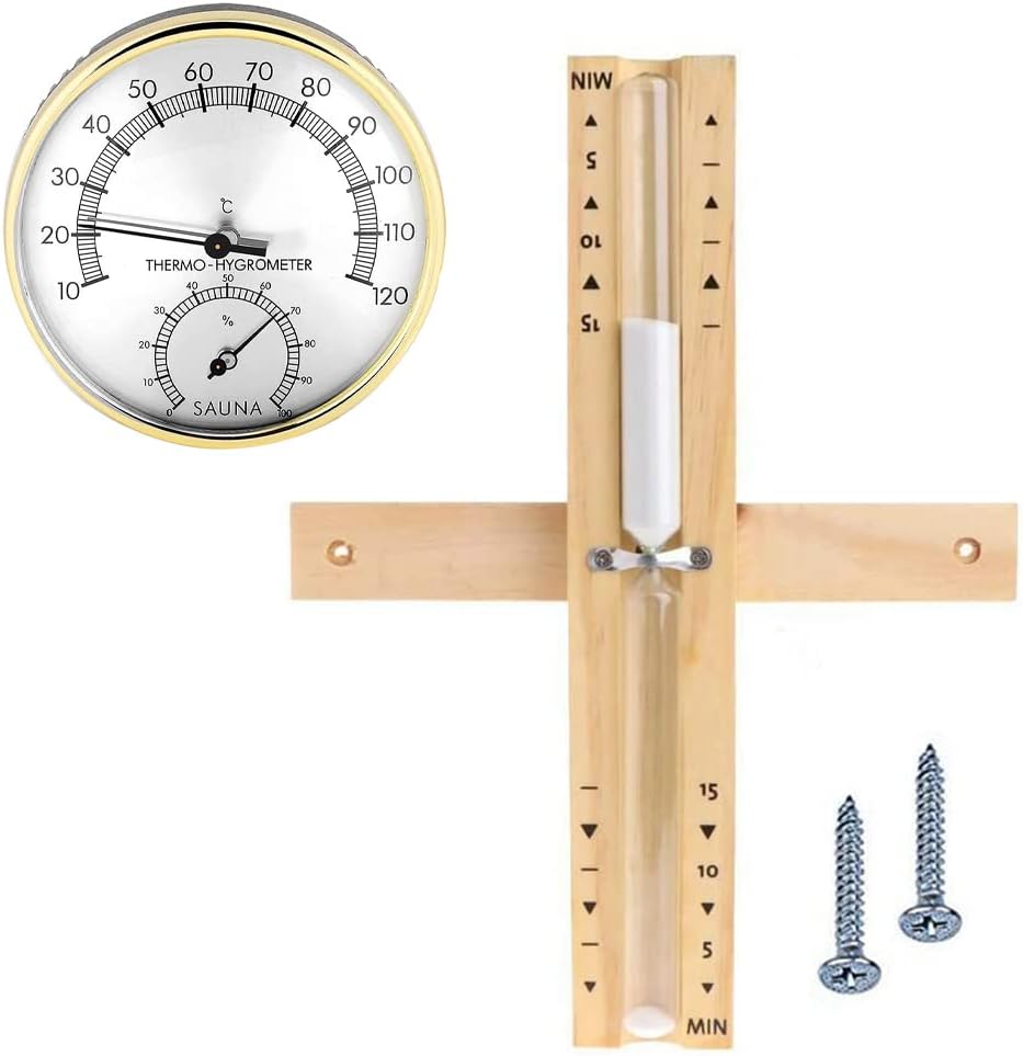 IWILCS Termómetro e Higrómetro Para Sauna,Reloj de Arena Sauna(15 Minutos),TermóMetro para Sala de Sauna,2 en 1 Termometro de Metal,Vidrio de Pared Resistente al Calor,Montaje en Pared
