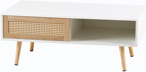 Miniatura 3 de Mesa auxiliar con almacenamiento, mesa central decorativa de 41.3 pulgadas con puerta corredera de ratán y patas de madera maciza, mesa de sofá