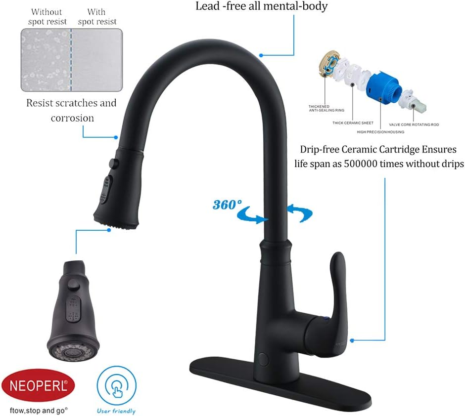 Touchless Kitchen Faucet with PullDown Sprayer,20 Single Kitchen Sink Faucets Black Pull Out Sprayer,High Arc Pulldown Single Handle for Motion Sensor,1handle 3 Hole Deck Mount,Black (Black)