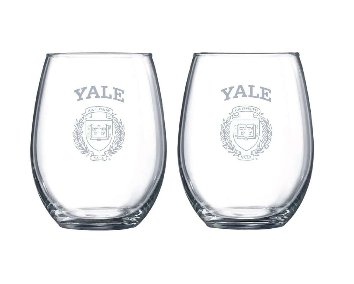 R.F.S.J. Yale University Etched Satin Logo Wine or Beverage Glass Set of 2, Clear, 15 oz, (1268)