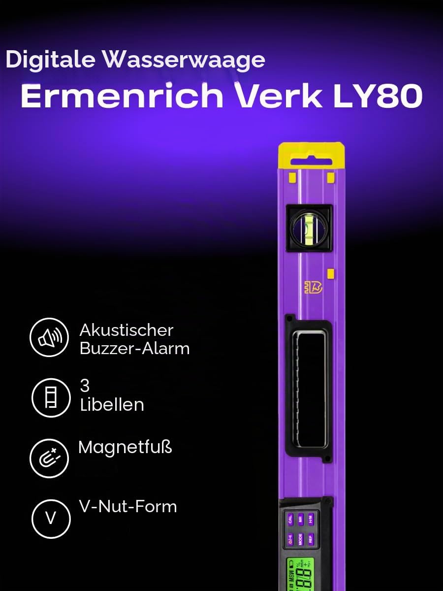 Verk LY80 Digitale Wasserwaage Winkelmesser mit LCD-Bildschirm | 0–360° Magnetisch Neigungssensor, 2 Libellen, ±0,1° Genauigkeit, 4 Messmodi, Hold-Funktion, für Bau, Heimwerken, Holzarbeiten