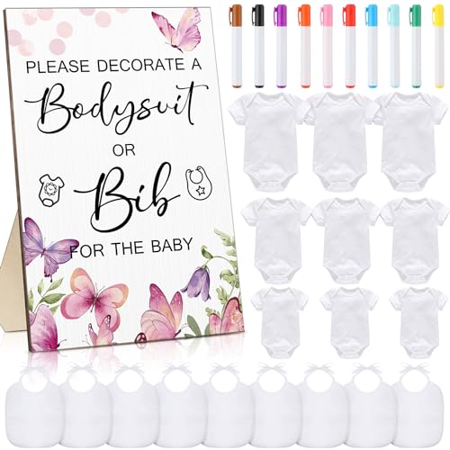Image of Roowest 35 Pcs Baby Shower Bibs Games Design Wooden Baby Shower Party Game Sign DIY Bodysuit Sign 15 White Blank Bibs 9 Bodysuit 10 Markers for Party Supplies(Butterfly)