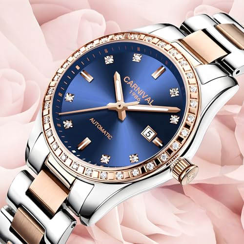Image of Women's Diamond Automatic Mechanical Rose Gold Stainless Steel Sapphire Waterproof Lady's Elegant Blue Watch