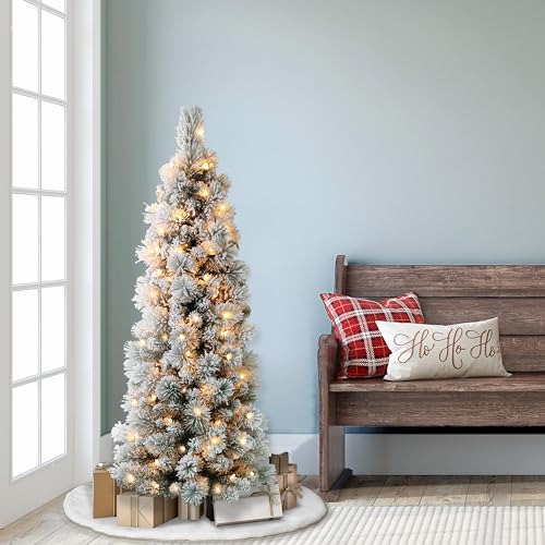 Puleointernational45footprelitflockedportlandpinepencilartificialchristmastreewith100ullistedclearlights Urban Country Home Decor Puleo international 45 foot pre lit flocked portland pine pencil artificial christmas tree with 100 ul listed clear lights urban country home decor
