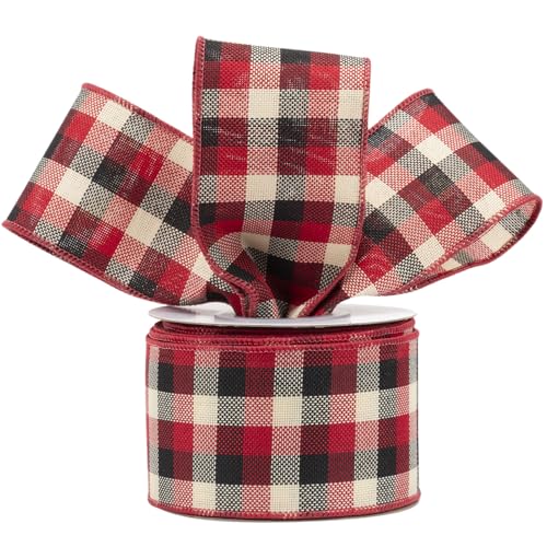 AVANAVA 2-1/2 Inch Wired Gingham Burlap Ribbon – 10 Yards Red, White and Black Plaid Ribbon for Gift Wrapping, Crafts, Wreaths, Farmhouse Decorations, Garlands, Rustic Weddings and Christmas