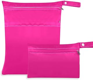Amooorous Paquete de 2 bolsas impermeables de color rosa oscuro sólido puro liso e impermeable, artículos esenciales de viaje para bebés con asas para pañales de bebé, baño