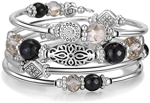 FULU AUTUMN Silver Beaded Bangle Bracelet for Women Handmade Boho Stacking Wrap Bracelet with Crystal Beads Costume Fashion Jewellery Gifts