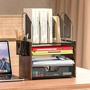 4 Tier Wood Desk Organizer with Drawer, Desk Accessories Organizer and Paper Organizer Tray, Paper Organizer for Desk, Vertical File Holder and 2PCS Pencil Holders 4 Tier Wood Desk Organizer with Drawer Desk Accessories Organizer and Paper Organizer Tray Paper Organizer for Desk Vertical File Holder and 2PCS Pencil Holders