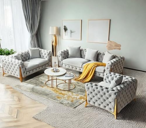 Image of Luxury Sofa Set Luxury Chesterfield Sofa in for Home Living Room & Office (3+2+1 (Grey))