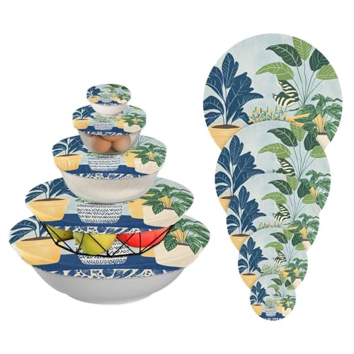 5 fundas reutilizables elásticas en 5 tamaños para tazones, tapas de masa madre para alimentos, ensalada de frutas, ecológicas (macetas azules y blancas)