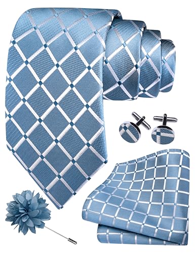 Image of GUSLESON 3.15 inch(8cm) Mens Tie and Lapel Pin Plaid Checkered Necktie Hankerchief Cufflinks Set for Men