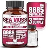 All-in-1 8885mg Highest Potency Sea Moss, Black Seed, Ashwagandha, Turmeric, Apple Cider Vinegar, Dandelion with Elderberry, Vitamin C & D3 - Immune, Energy Support Supplement - 90 Vegan Capsules