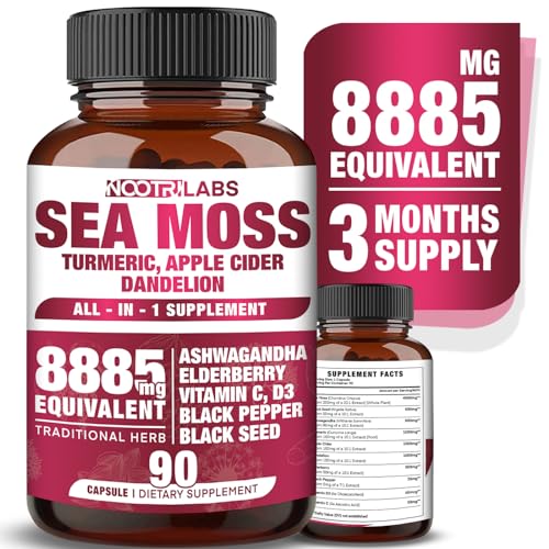 All-in-1 8885mg Highest Potency Sea Moss, Black Seed, Ashwagandha, Turmeric, Apple Cider Vinegar, Dandelion with Elderberry, Vitamin C & D3 - Immune, Energy Support Supplement - 90 Vegan Capsules