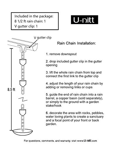 U-nitt Rain Chains, Roof Gutter Downspout/Spout Channel, Rainwater Water Catcher/Diverter, 8.5 feet Length, Metal, Pure Copper, Classic Bell Cup, 7227 - Thumbnail 6