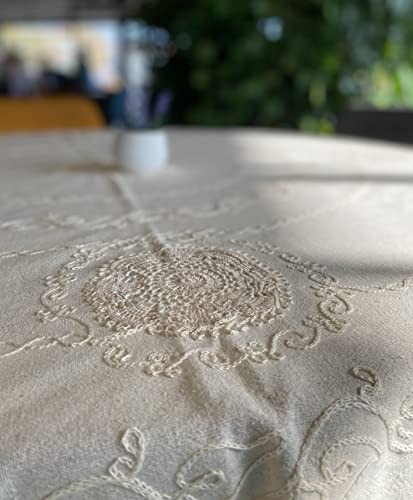 Secret Sea Collection Antique Series, Handmade Cotton Embroidered Tablecloth (60'' Round, Natural Linen) Washable Rustic Nude Color Needlework Bohem Coffee Tea Patio Side Dinner Kitchen Small Table #TOP3