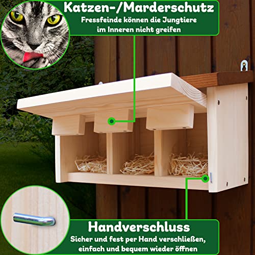 ERDENFREUND® Spatzen Nistkasten Marder-/Katzenschutz räubersicherer Brutkasten für Vögel pickfester Metall-Spechtschutz rostfrei 3er Spatzenhaus 34 mm (Kolonie Nistkasten Sperling 3 Nisträume)
