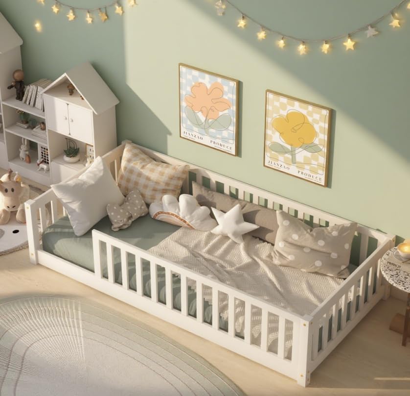 Bellemave Twin Size Floor Bed with slats for Kids, Girls, Boys, Wood Montessori Floor Bed with Guard Rails, Without Door, White