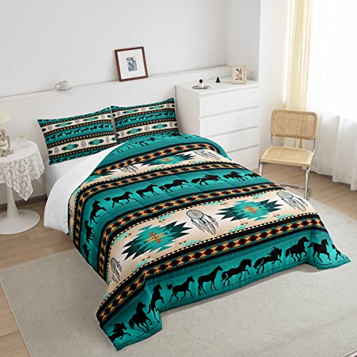 Horse Duvet Insert Dream Catchers Bedding Set For Cowboy Cowgirl,Southwestern Native Aztec Horses Comforter Set Bohemian Tribe Duvet Filler King Size Farmhouse Wildlife Bedroom Decor,Green #TOP3
