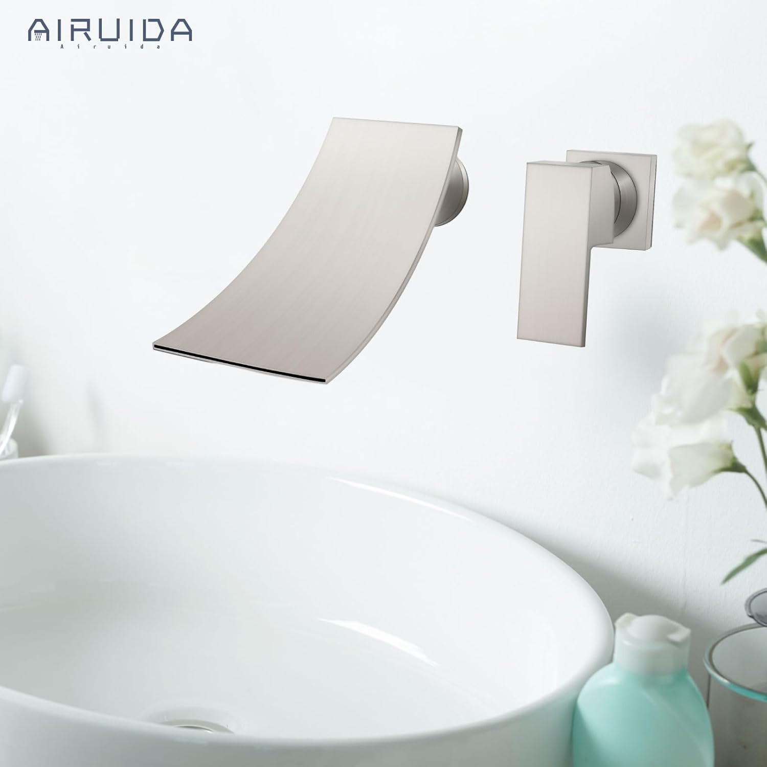 Airuida Wall Mount Bathtub Faucet, Tub Filler with Waterfall Tub Spout, Single Handle Bathroom Mixer Tap Brass Rough-in Valve Included Brushed Nickel