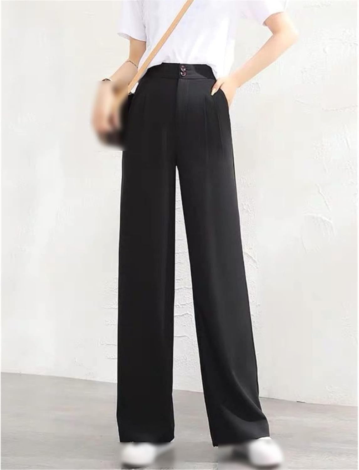 Kelsiop Wide-Leg Pants Women's Fashion Straight-Leg Pants Trousers Office Workers Solid Color High-Waisted Pants