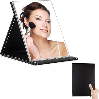 Portable Folding Vanity Makeup Mirror,Ultra-Thin Makeup Mirror,PU Leather Desk Mirror with Stand, Tabletop Travel Cosmetic Mirror, 10x7 Inches