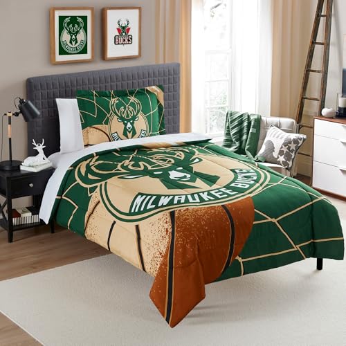 NORTHWEST NBA Milwaukee Bucks Officially Licensed Comforter Set – Super Soft Basketball Bedding with Team Logo and Colors – Includes Matching Shams – Game Day Décor, Twin/Twin XL
