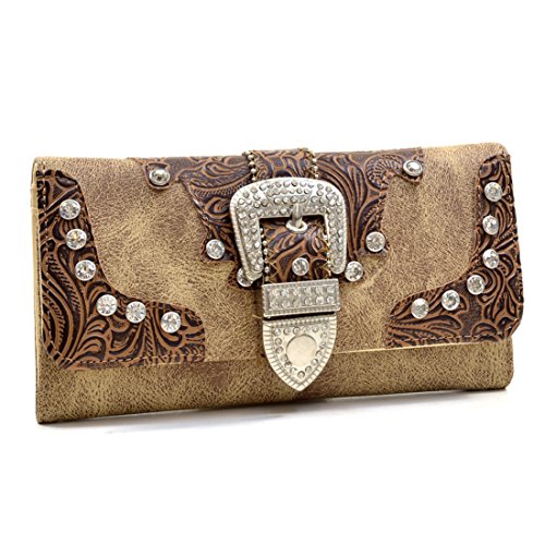Western Rhinestone Bling Buckle Wallet -Brown