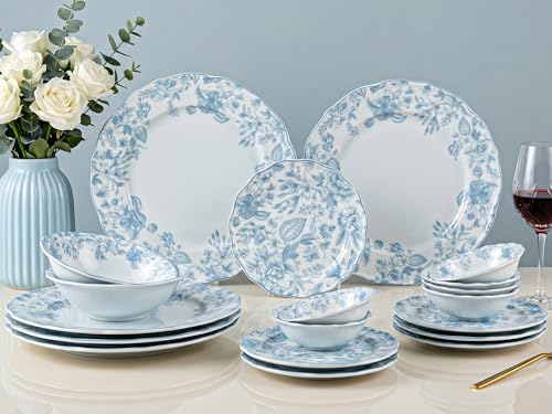 Image of Bodhi House Porcelain Dinner Set 20 Pieces - Blue Leaf White Dinnerware Set | 6 Dinner Plates, 6 Quarter Plates, 6 Katori Bowls, 2 Serving Bowls | Premium Crockery Set for Dining, Kitchen & Gifting