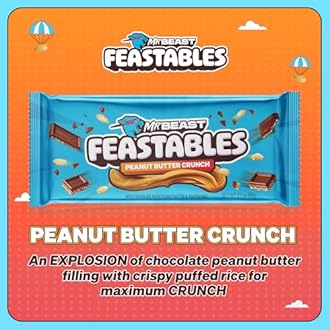 Feastables MrBeast Peanut Butter Milk Chocolate Crunch Chocolate Bar, King Size Candy Bar for Adults & Kids, Candy Bars for Snacks, Gifts, Dessert, Sweet & Creamy Fairtrade Cocoa, 2.1 Oz Ea, 10 Count