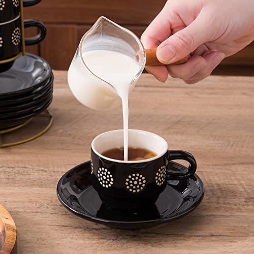 Original Heart 6-Pieces Espresso Cups With Saucers And Metal Stand Stoneware Cup & Saucer Sets, Stackable Espresso Mugs, 4Oz Coffee Cups Set, Set Of 6, Black #TOP5