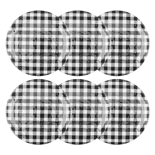 UPware Gingham Melamine Salad Plate Set, Round Plates for Risotto, Pasta, and Salad, BPA-Free, Dishwasher Safe, Black, 9 Inch, Set of 6