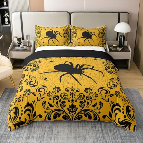 100% Cotton Spider Duvet Cover 135 x 200 cm, Spider Web Halloween Theme Comforter Cover for Bed, Retro Bohemian Damask Horror Bed Linen Set, Black Yellow Exotic Animals Duvet Cover