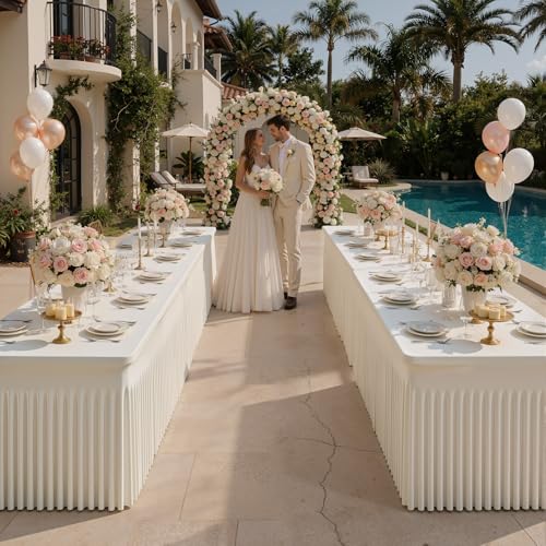 Image of Outpain Beige Spandex Table Clothes for 6 Foot Rectangle Tables-2Pack 6FT Spandex Fitted Table Cover, Wrinkle Free Tablecloths with Skirt for Parties, Wedding, Birthday, Banquet, Festival