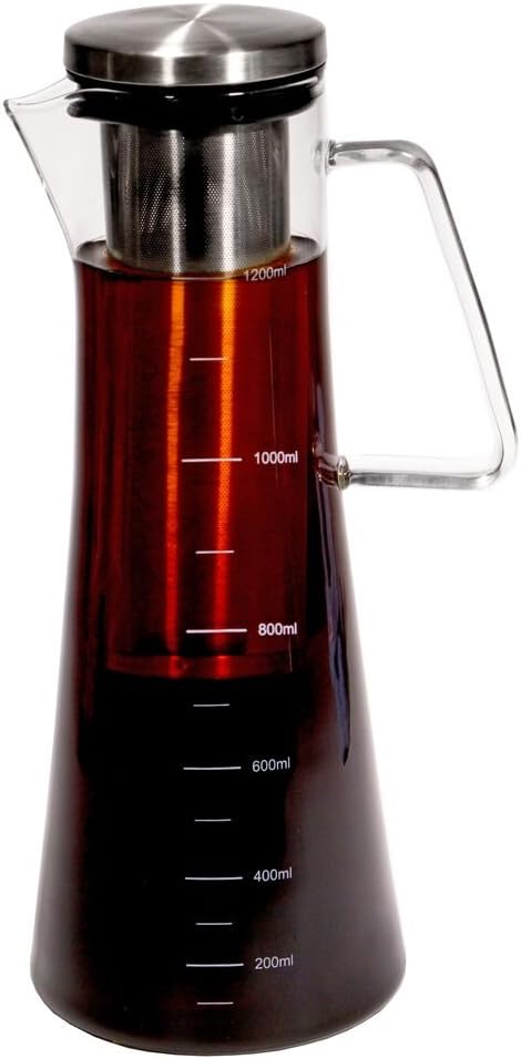 Handi Home Larger 43 Oz. Cold Brew Coffee Maker Brewed Ice Coffee and Tea Pitcher 1.3 Quart 18/8 Stainless Steel Permanent Reusable Infuser Filter, Heat and Cold Resistant Borosilicate Glass Decanter