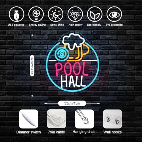 Image of Horseneon Pool Hall Beer Neon Sign LED Light Sign Wall Decor for Pool Hall, Game Rooms, Bars, Basements & Man Caves USB Powered, Adjustable Brightness Billiards Themed Lighting