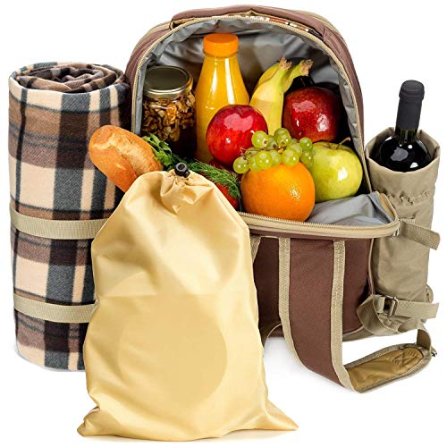 Kitchen Supreme Picnic Backpack Set for 4 | Luxury Gift Collection | Basket Bag with Large Insulated Cooler Compartment, Waterproof Fleece Blanket & Detachable Wine Holder