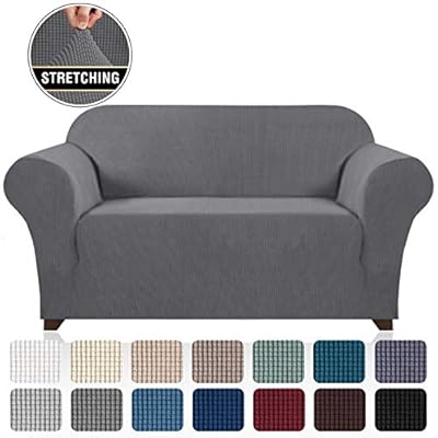 Stretch Sofa Slipcover 1 Piece Sofa Cover for 2 Cushion Couch Furniture Protector/Cover Couch with Elastic Bottom Soft and Durable Sofa Cover Pet Protector (Loveseat, Gray)