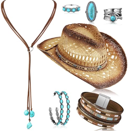 Ecally 7 Pcs Boho Jewelry Set Straw Cowboy Hat with Vintage Turquoise Necklace Rodeo Bracelet Ring Pendant Earrings for Women