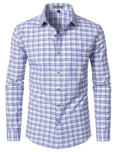 PARKLEES Men's Lightweight Plaid Shirt Casual Slim Fit Checked Long Sleeve Button Down Shirts with Pocket Blue White Plaid Large